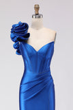 Royal Blue One Shoulder Beaded Mermaid Corset Long Prom Dress with Slit