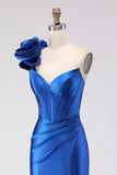 Royal Blue One Shoulder Beaded Mermaid Corset Long Prom Dress with Slit