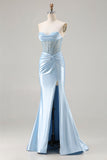 Strapless Mermaid Sky Blue Corset Beaded Long Prom Dress with Slit