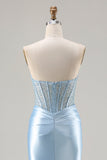 Strapless Mermaid Sky Blue Corset Beaded Long Prom Dress with Slit