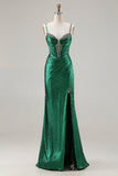 Metallic Dark Green Beaded Corset Mermaid Long Prom Dress with Slit