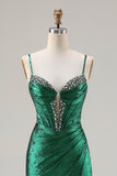 Metallic Dark Green Beaded Corset Mermaid Long Prom Dress with Slit