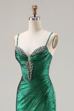 Metallic Dark Green Beaded Corset Mermaid Long Prom Dress with Slit