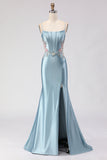 Grey Blue Mermaid Corset Beaded Lace Up Back Long Prom Dress with Slit
