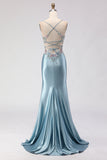 Grey Blue Mermaid Corset Beaded Lace Up Back Long Prom Dress with Slit