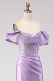 Off The Shoulder Mermaid Purple Corset Beaded Long Prom Dress with Slit