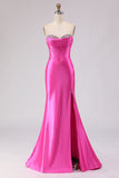 Sweetheart Fuchsia Mermaid Corset Beaded Long Prom Dress with Slit