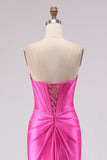 Sweetheart Fuchsia Mermaid Corset Beaded Long Prom Dress with Slit