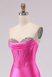 Sweetheart Fuchsia Mermaid Corset Beaded Long Prom Dress with Slit