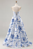 Blue Floral Strapless A-Line Corset Lace Up Back Long Prom Dress with Slit
