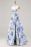 Blue Floral Strapless A-Line Corset Lace Up Back Long Prom Dress with Slit