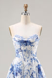 Blue Floral Strapless A-Line Corset Lace Up Back Long Prom Dress with Slit