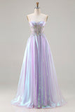 Sparkly Strapless Purple A-Line Corset Lace Up Back Long Prom Dress with Appliques