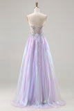 Sparkly Strapless Purple A-Line Corset Lace Up Back Long Prom Dress with Appliques