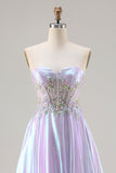 Sparkly Strapless Purple A-Line Corset Lace Up Back Long Prom Dress with Appliques