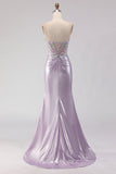 Strapless Mermaid Corset Light Purple Beaded Long Prom Dress with Slit