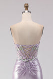 Strapless Mermaid Corset Light Purple Beaded Long Prom Dress with Slit