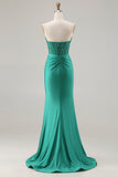 Dark Green Strapless Mermaid Sequins Corset Long Prom Dress with Slit