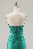 Dark Green Strapless Mermaid Sequins Corset Long Prom Dress with Slit