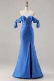 Off The Shoulder Royal Blue Mermaid Corset Satin Long Prom Dress with Slit