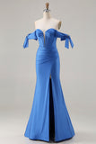Off The Shoulder Royal Blue Mermaid Corset Satin Long Prom Dress with Slit