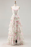 Pink Floral Sweetheart Corset Tiered A-Line Long Prom Dress with Slit