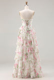 Pink Floral Sweetheart Corset Tiered A-Line Long Prom Dress with Slit