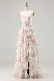 Pink Floral Sweetheart Corset Tiered A-Line Long Prom Dress with Slit