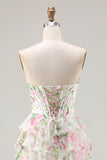 Pink Floral Sweetheart Corset Tiered A-Line Long Prom Dress with Slit