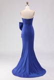 Strapless Royal Blue Mermaid Ruched Side Slit Long Prom Dress with Large Bow