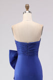 Strapless Royal Blue Mermaid Ruched Side Slit Long Prom Dress with Large Bow