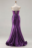 Dark Purple Mermaid Beaded Strapless Corset Long Prom Dress with Slit