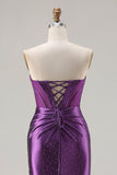 Dark Purple Mermaid Beaded Strapless Corset Long Prom Dress with Slit