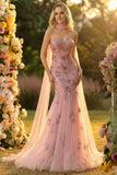 Sweetheart Blush Mermaid Embroidered Long Prom Dress with Neck Scarf