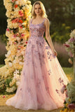 Blush A Line Embroidered Square Neck Long Tulle Prom Dress