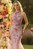 Mermaid Halter Blush Tulle Embroidered Long Prom Dress with Sequins