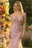 Sparkly Blush Mermaid Spaghetti Straps Long Prom Dress with Sequins