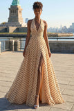 Apricot Black Polka Dots A Line Halter Bowed Long Prom Dress with Slit