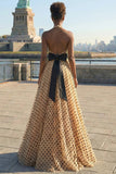 Apricot Black Polka Dots A Line Halter Bowed Long Prom Dress with Slit