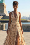 Apricot Black Polka Dots A Line Halter Bowed Long Prom Dress with Slit