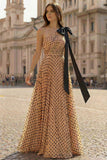 One Shoulder Apricot Black Polka Dots A Line Prinred Long Prom Dress with Bow