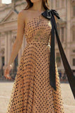 One Shoulder Apricot Black Polka Dots A Line Prinred Long Prom Dress with Bow