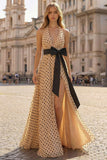 Halter A Line Prinred Apricot Black Polka Dots Side Slit Long Prom Dress with Bow