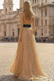 Halter A Line Prinred Apricot Black Polka Dots Side Slit Long Prom Dress with Bow