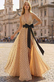 Halter A Line Prinred Apricot Black Polka Dots Side Slit Long Prom Dress with Bow