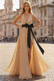 Halter A Line Prinred Apricot Black Polka Dots Side Slit Long Prom Dress with Bow