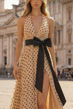 Halter A Line Prinred Apricot Black Polka Dots Side Slit Long Prom Dress with Bow
