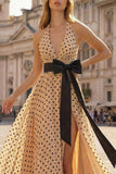 Halter A Line Prinred Apricot Black Polka Dots Side Slit Long Prom Dress with Bow
