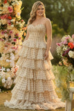 Sweetheart A Line Tiered Apricot Black Polka Dots Long Plus Size Prom Dress with Ruffles