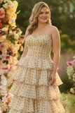 Sweetheart A Line Tiered Apricot Black Polka Dots Long Plus Size Prom Dress with Ruffles